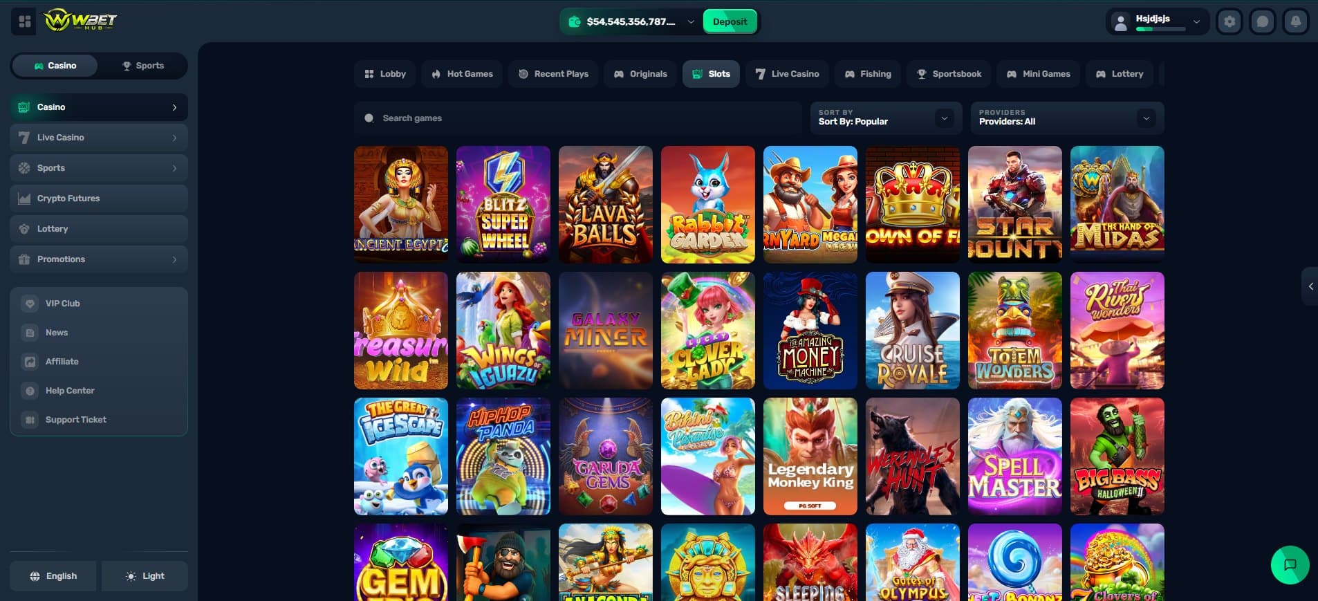 WbetHub casino lobby with slots, live casino and crash games